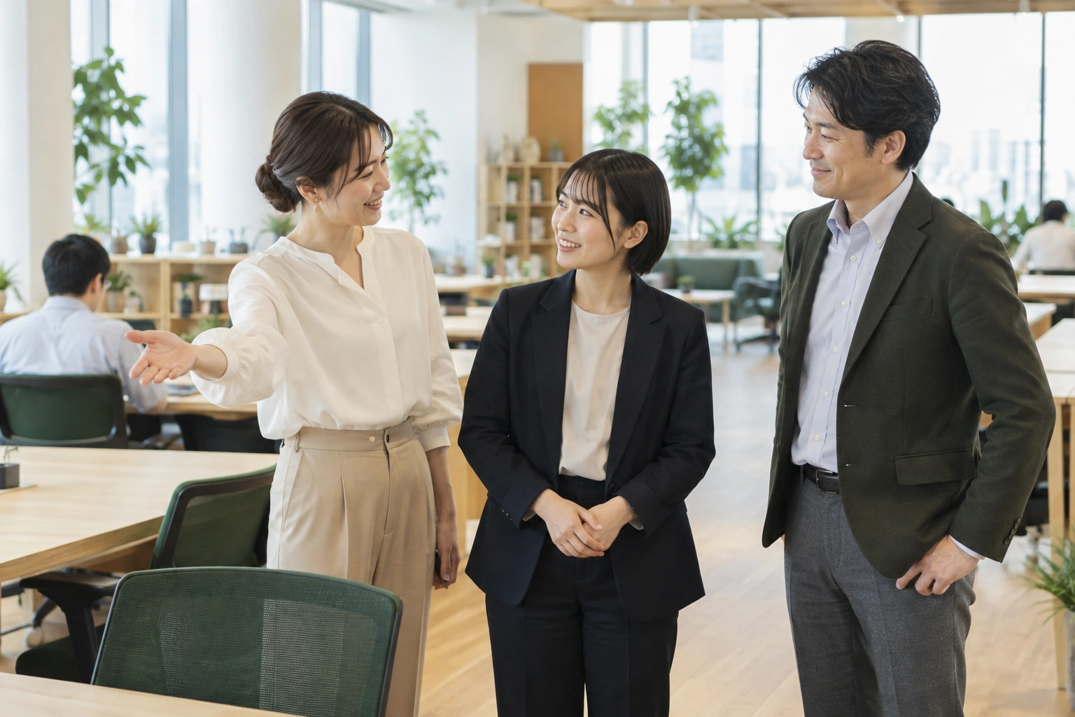 新しい仲間を迎え、職場を案内する同僚たちのイメージ